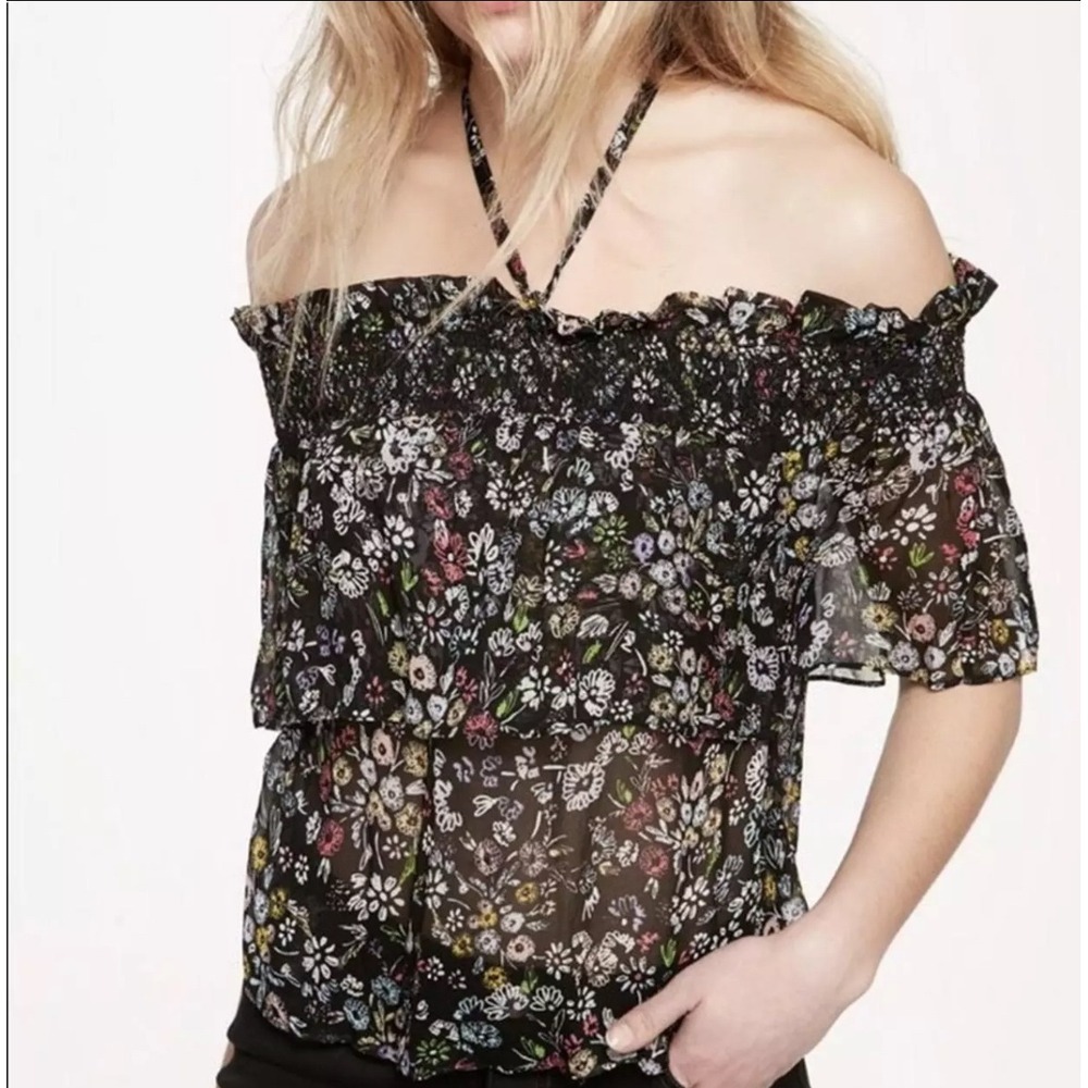 Rebecca Minkoff Ghirardelli Floral Off Shoulder Top Smocked Neckline Blouse L